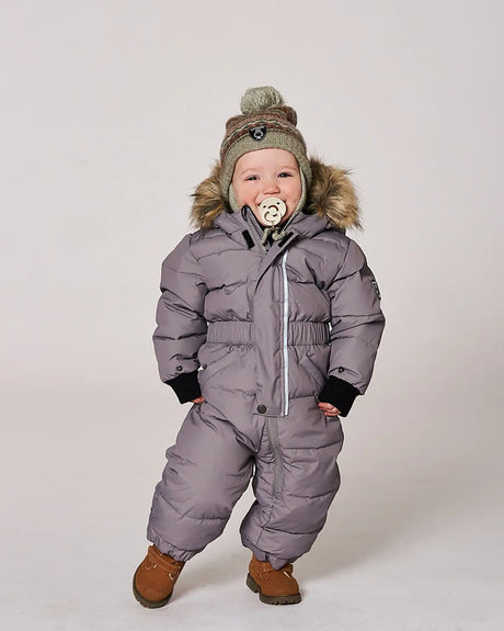 Baby wearing gray puffy snowsuit front view