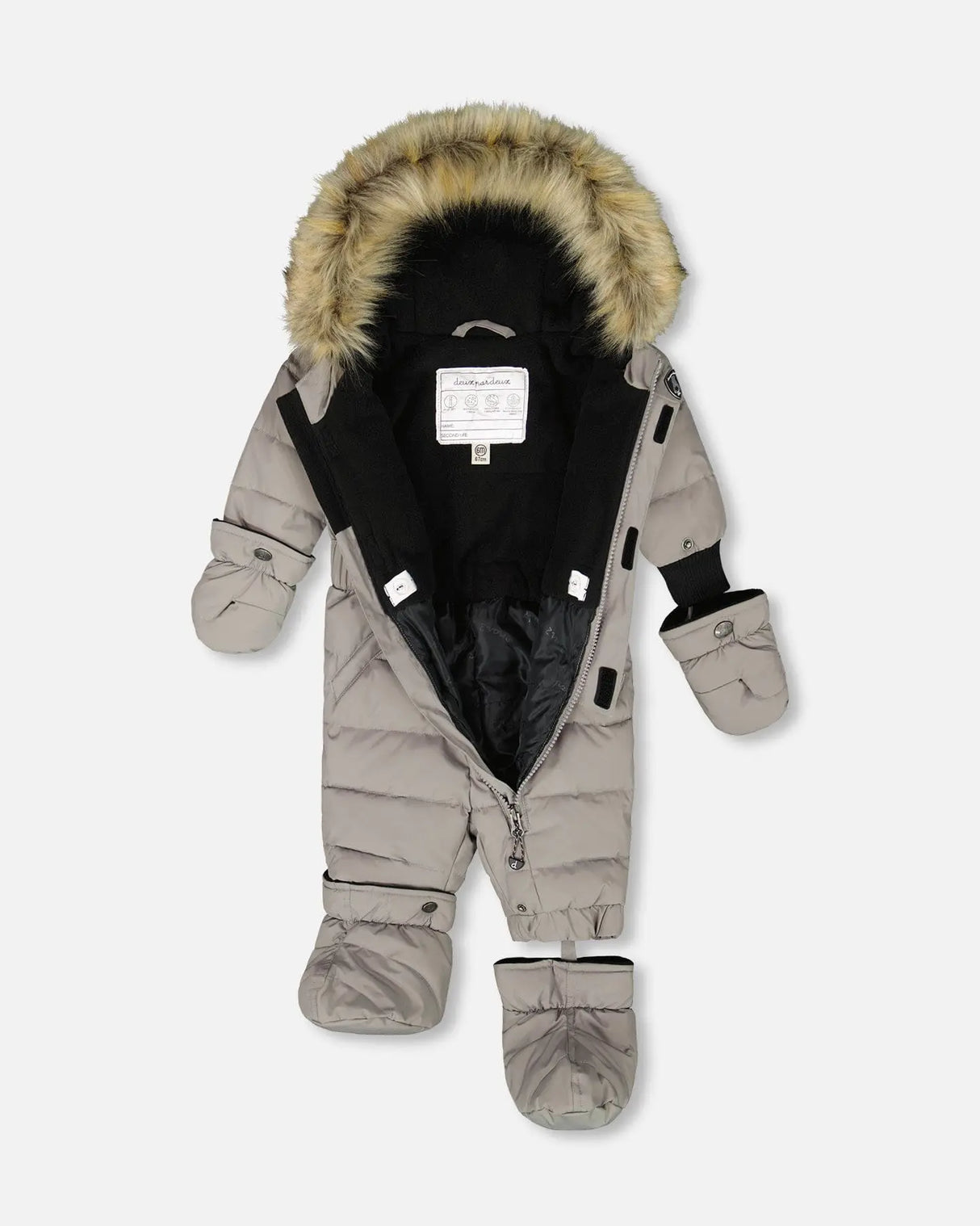 Gray one-piece snowsuit with detachable mitts and boots