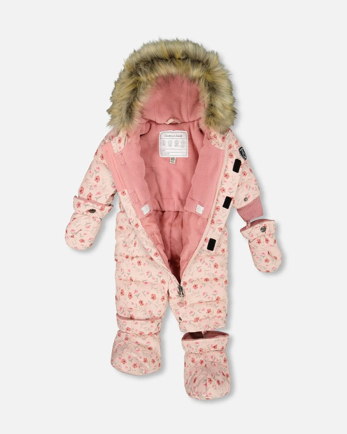 Open view showing fleece lining and included neckwarmer pink floral snowsuit