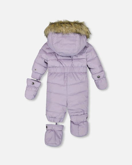 Back view of purple gray baby snowsuit with extendable cuffs