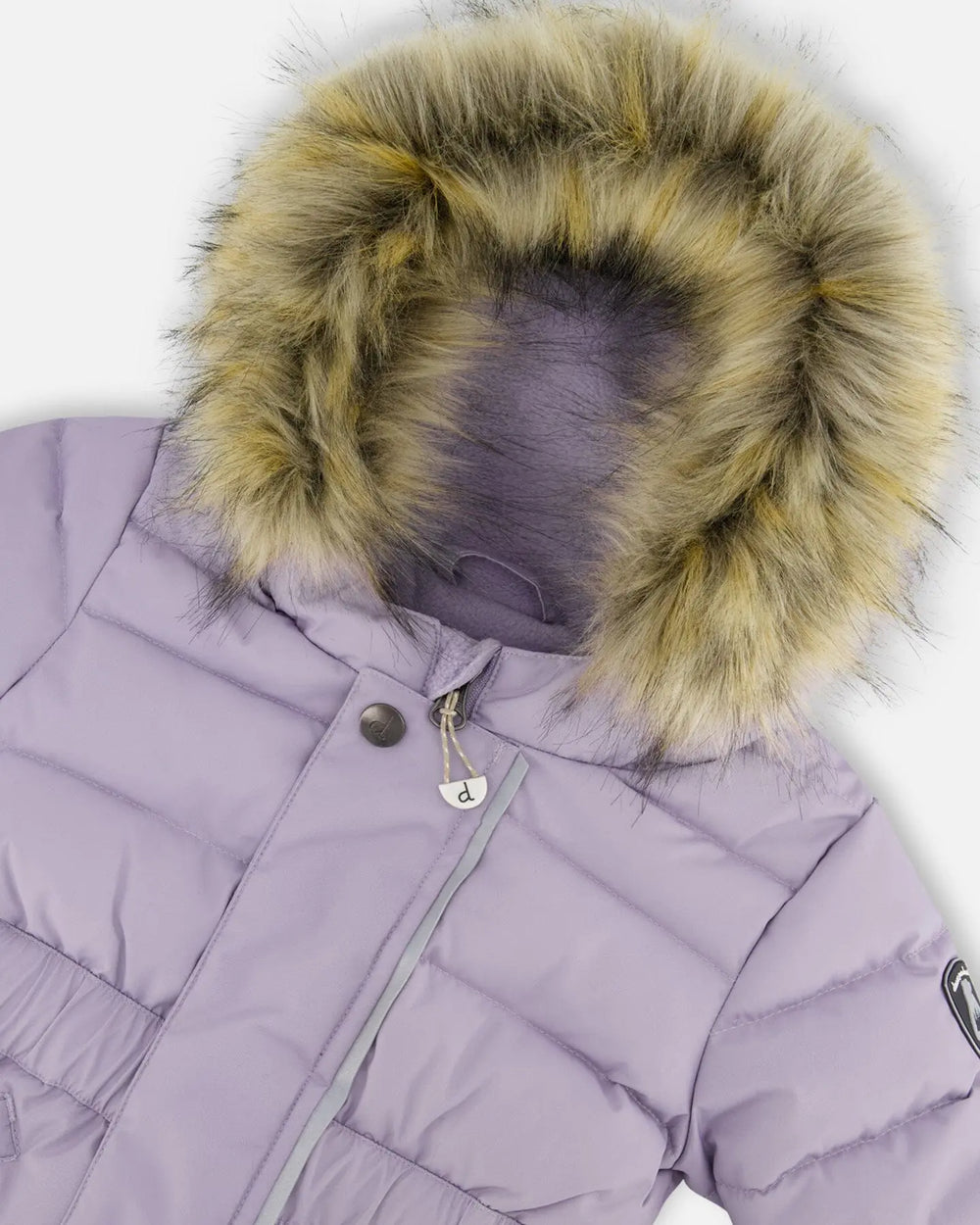 Close-up faux-fur hood and quilting purple gray snowsuit