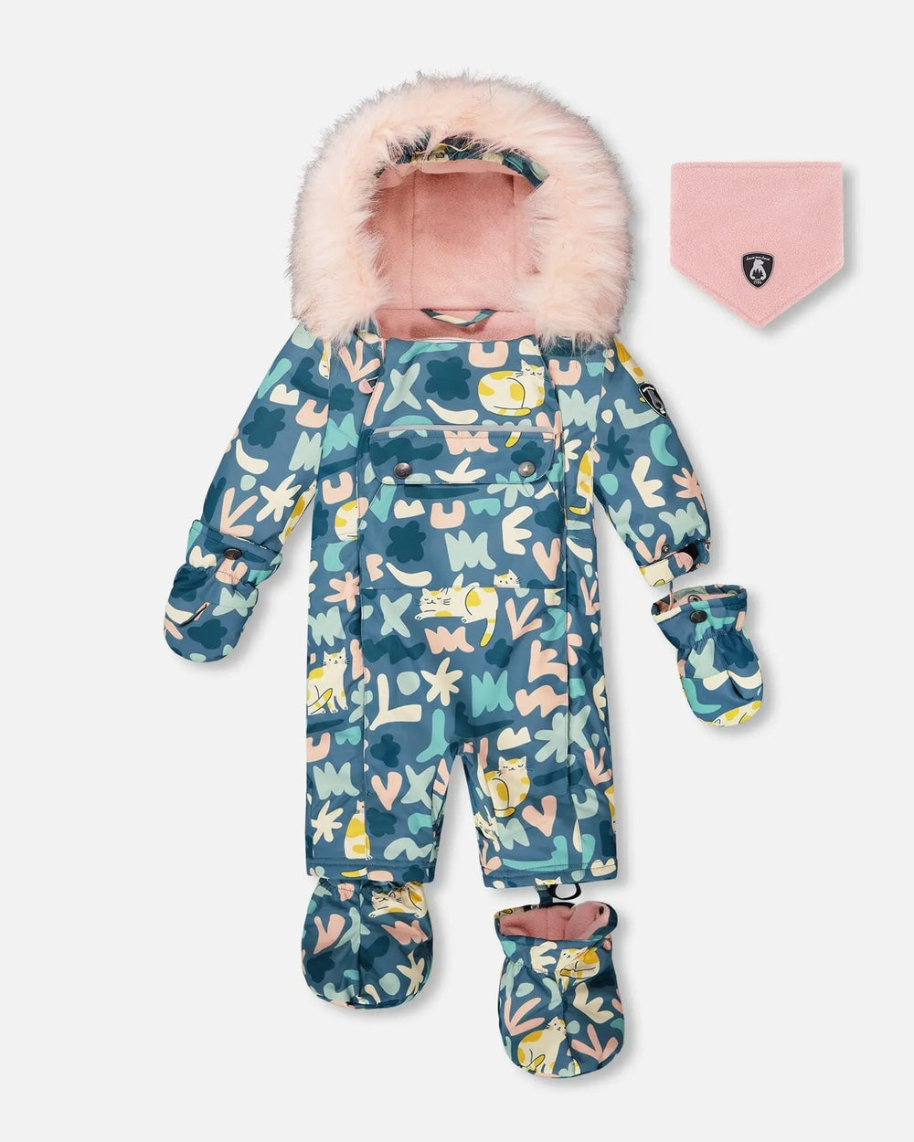 One-Piece Baby Play Snowsuit Designed For Car Seat Green Cat Print | Deux par Deux | Jenni Kidz