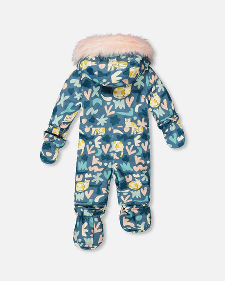 Baby girl snowsuit inside view showing pink fleece lining, easy returns, fast delivery US & Canada