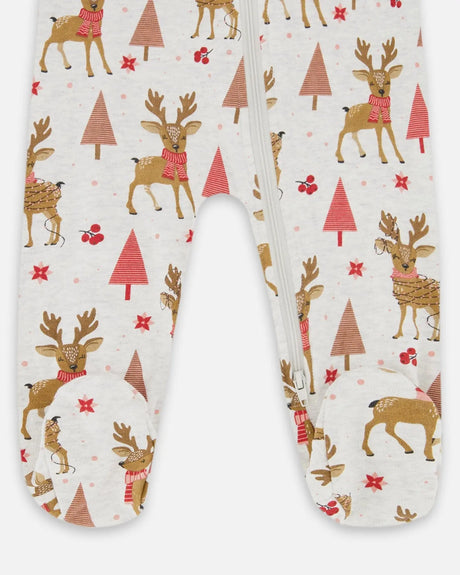 One-Piece Organic Cotton Pajama Beige Girly Reindeer Print | Deux par Deux | Jenni Kidz