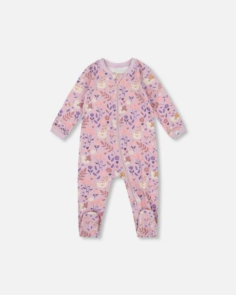 One-Piece Organic Cotton Pajama Lilac Cat Print | Deux par Deux | Jenni Kidz