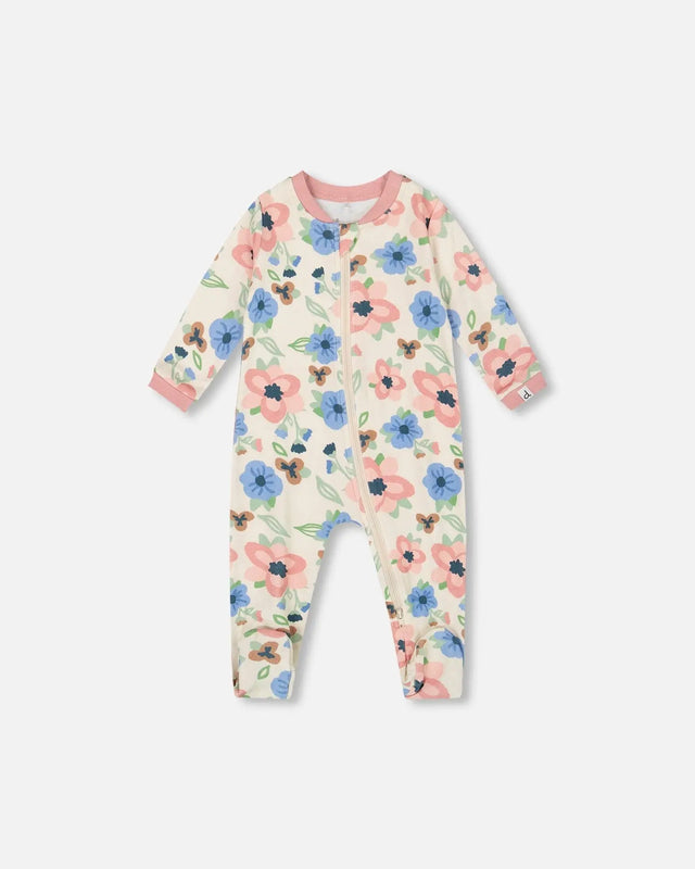 One-Piece Organic Cotton Pajama Off-White Flower Print | Deux par Deux | Jenni Kidz