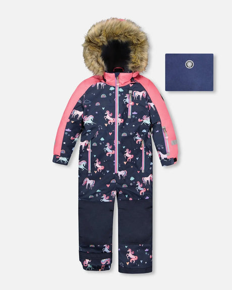One-Piece Play Snowsuit Navy Unicorn Print | Deux par Deux | Jenni Kidz