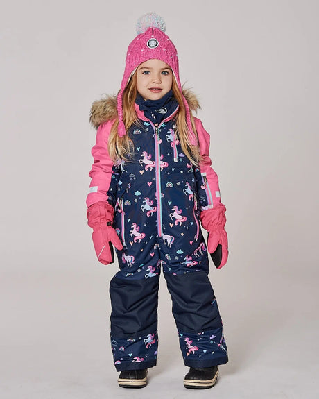 One-Piece Play Snowsuit Navy Unicorn Print | Deux par Deux | Jenni Kidz