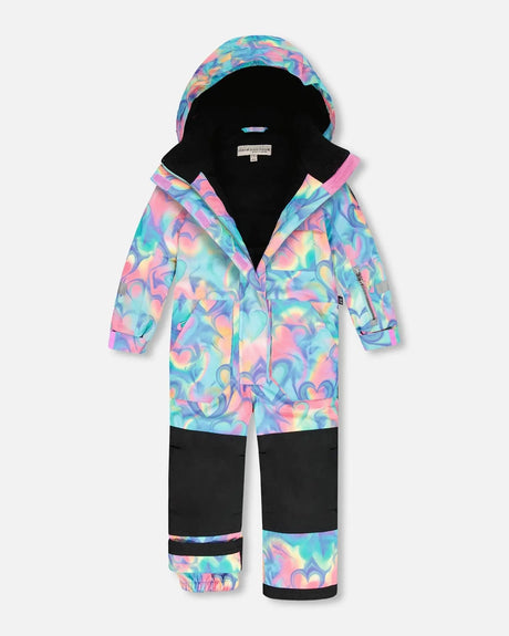 Flat lay — Rainbow Heart one-piece snowsuit, ships fast — buy now.