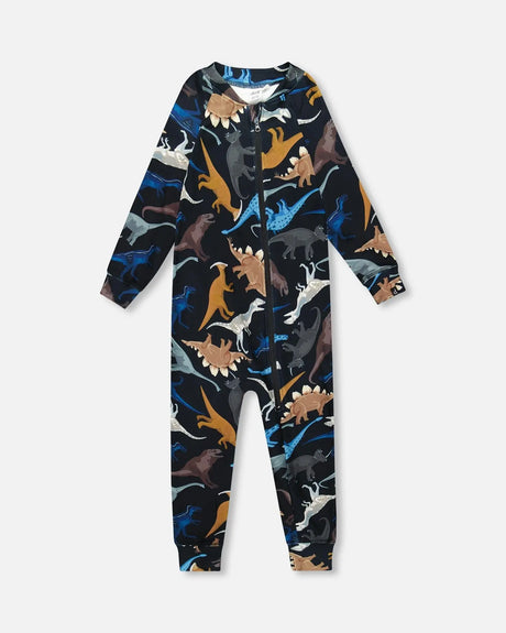 One-Piece Thermal Underwear Black Dinosaur Print | Deux par Deux | Jenni Kidz