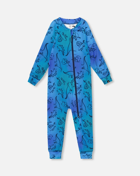One-Piece Thermal Underwear Blue Gradient Dinosaur Print | Deux par Deux | Jenni Kidz