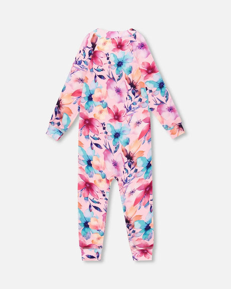 One-Piece Thermal Underwear Pink Watercolor Flower Print | Deux par Deux | Jenni Kidz