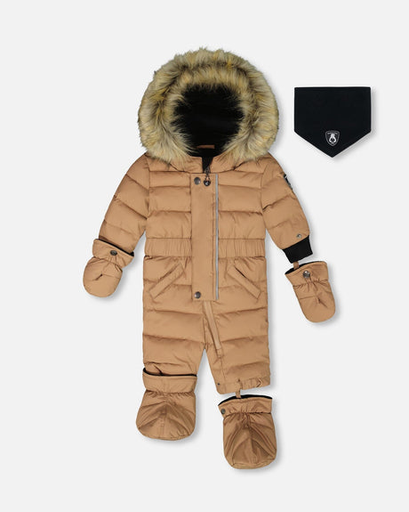 Chanterelle one-piece pram suit for baby girl, −30C warmth, detachable mitts/booties, fleece-lined hood.