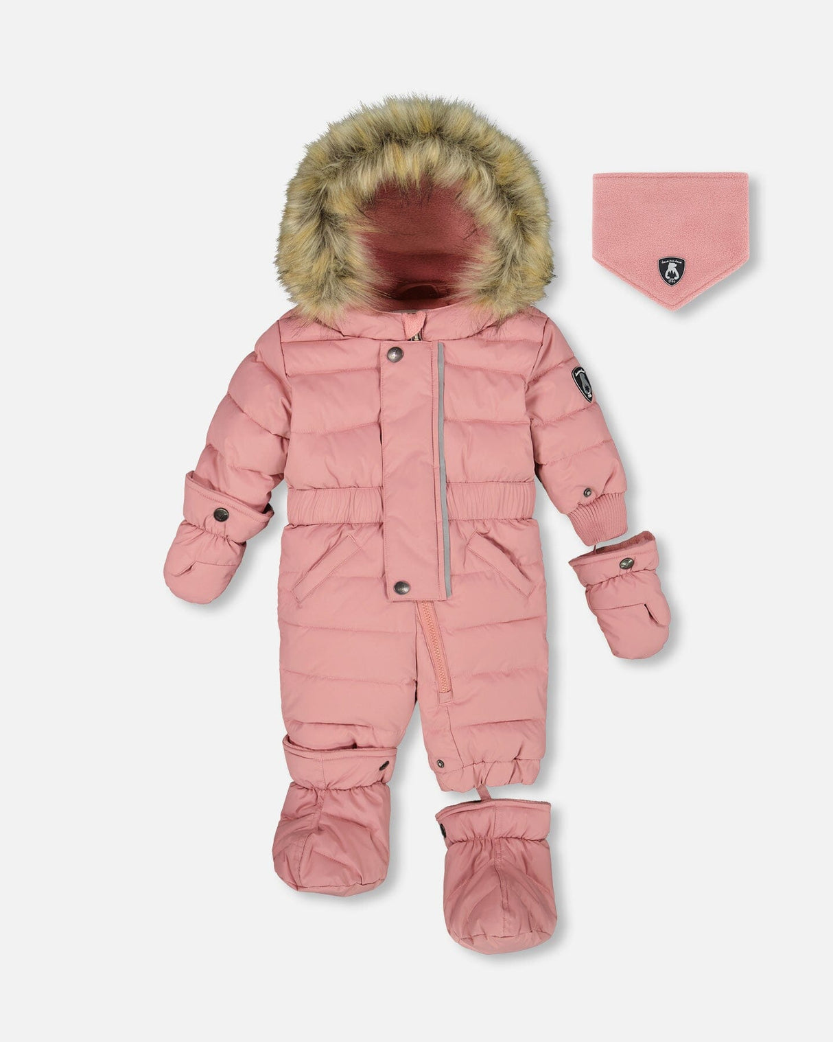 Baby girl snowsuit dusty pink one-piece pram suit, waterproof and insulated to −30C