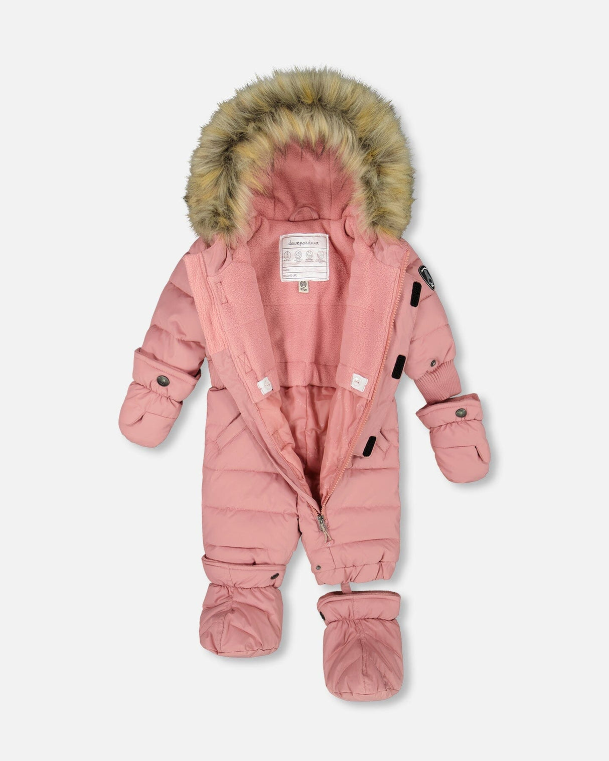 Baby girl snowsuit with removable mitts and booties, fleece neckwarme