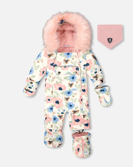 Baby girls one-piece snowsuit, off-white flower print, car-seat compatible warm winter suit