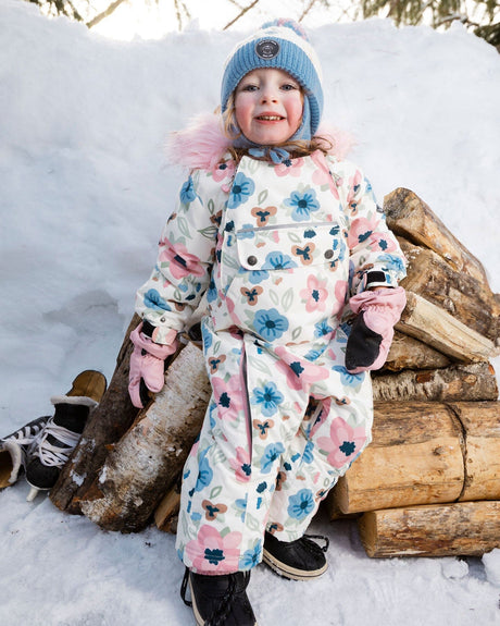 infant winter snowsuit girl with floral print and removable faux-fur hood, waterproof & breathable