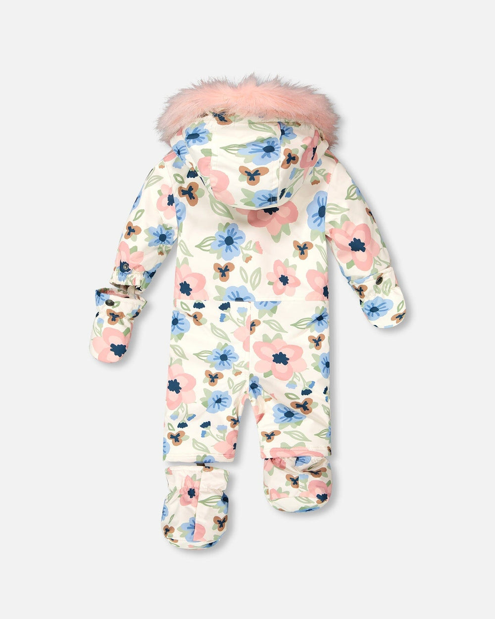 Set includes mittens & booties, off-white flower baby snowsuit for stroller and car seat