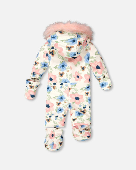 Set includes mittens & booties, off-white flower baby snowsuit for stroller and car seat
