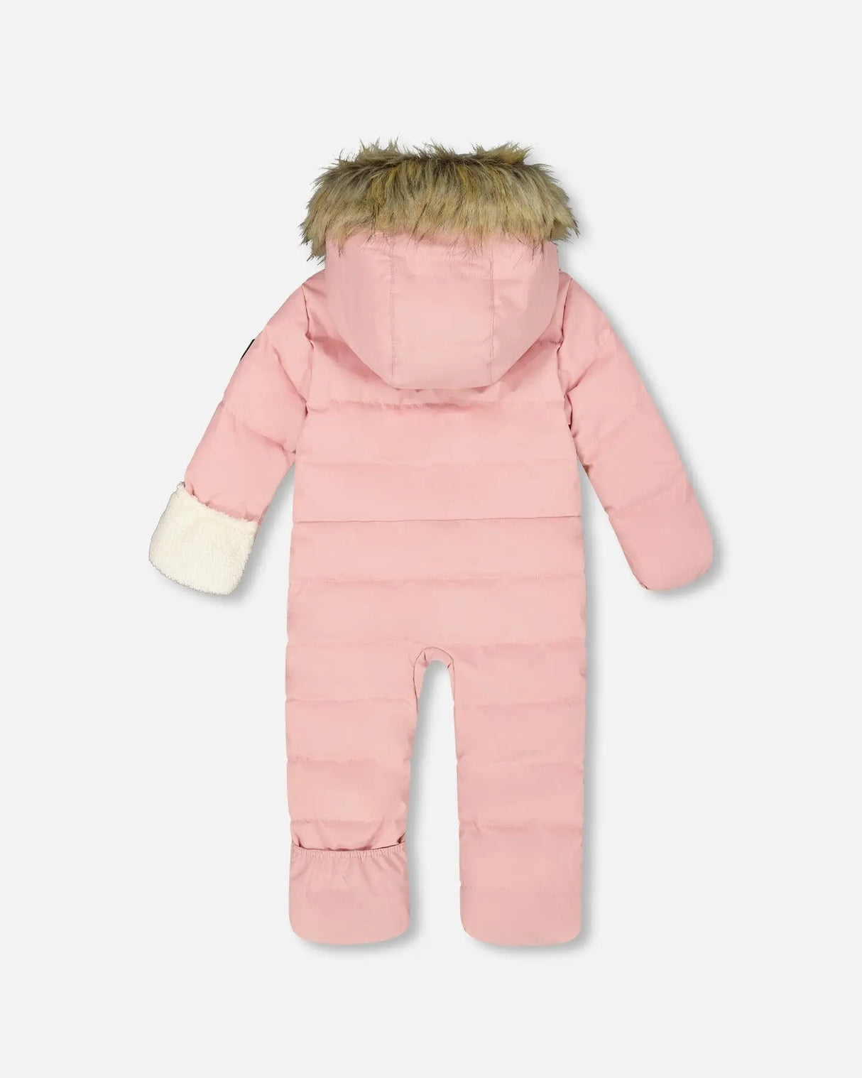 Back view of pink car-seat snowsuit with hood trim and quilting.