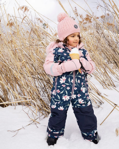 Back view navy flower one-piece snowsuit with adjustable fit