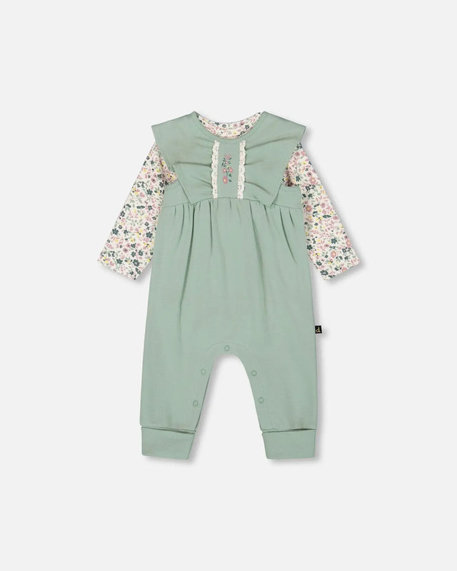Organic Cotton Bodysuit And Sleeveless Overalls Set Jade Green | Deux par Deux | Jenni Kidz