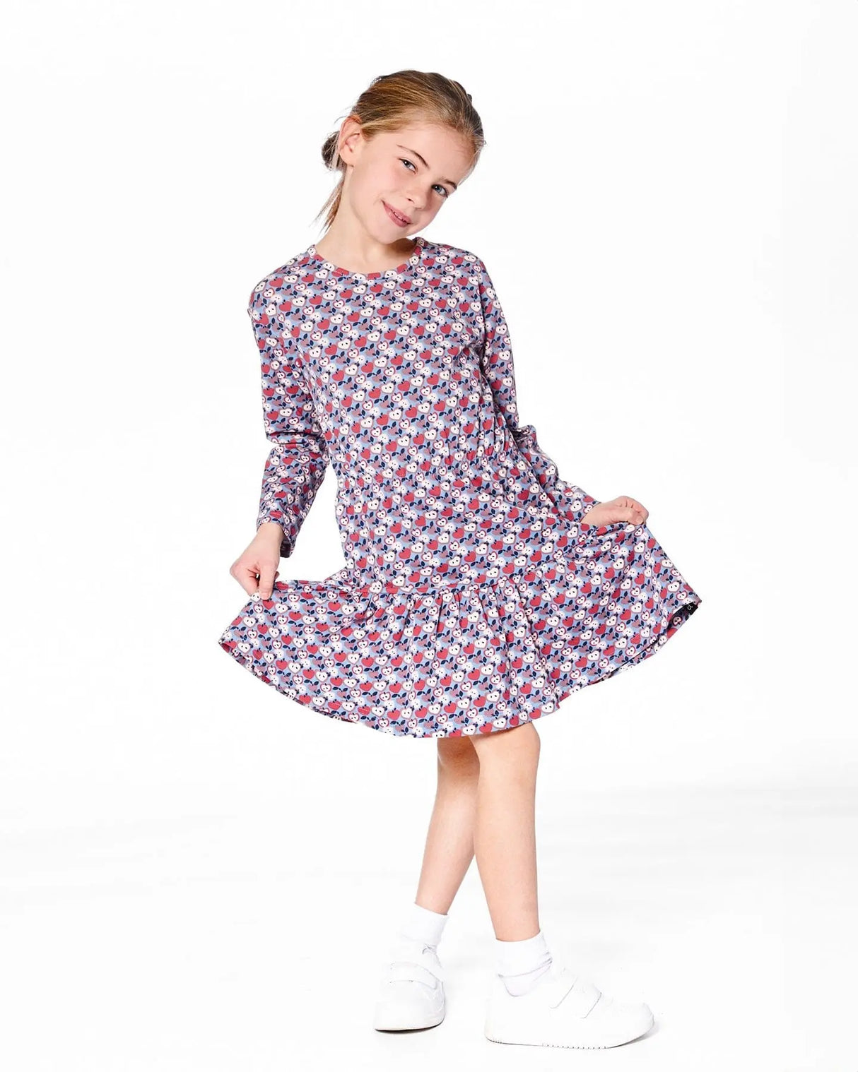 Organic Cotton Dress With Flounce Hem Blue Apple Print | Deux par Deux | Jenni Kidz
