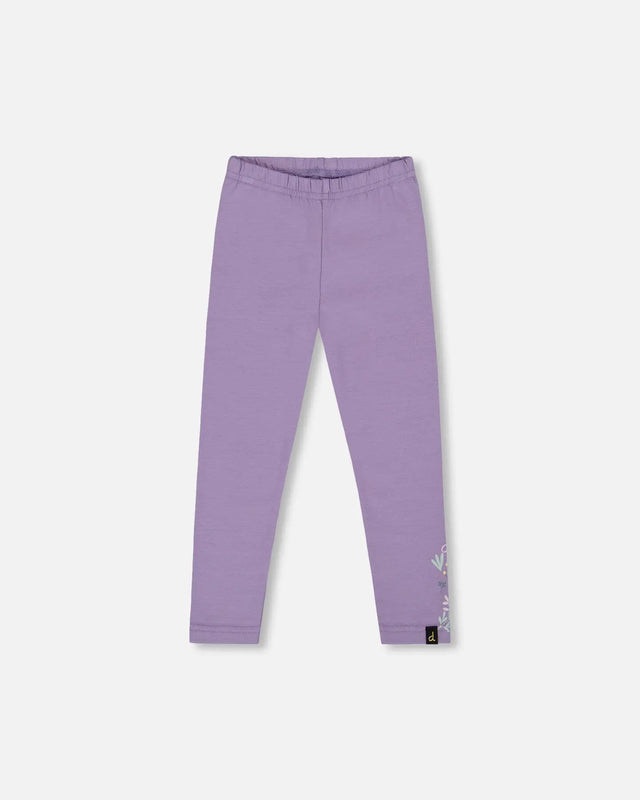 Organic Cotton Jersey Leggings Purple Gray With Floral Detail | Deux par Deux | Jenni Kidz
