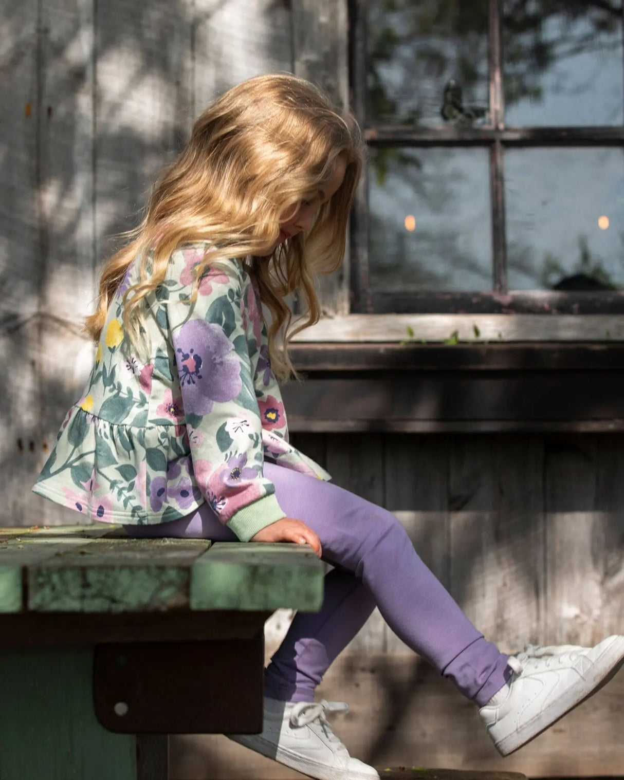 Organic Cotton Jersey Leggings Purple Gray With Floral Detail | Deux par Deux | Jenni Kidz