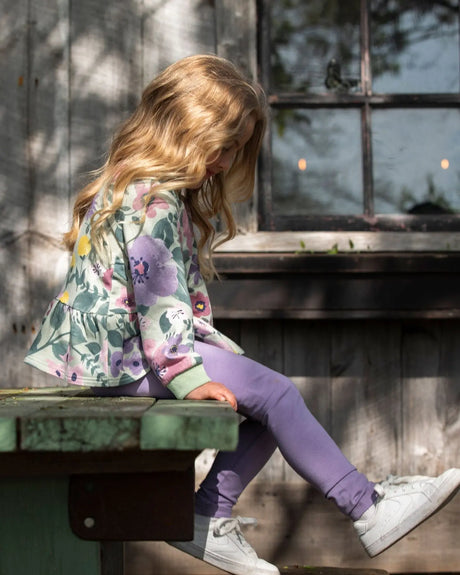 Organic Cotton Jersey Leggings Purple Gray With Floral Detail | Deux par Deux | Jenni Kidz