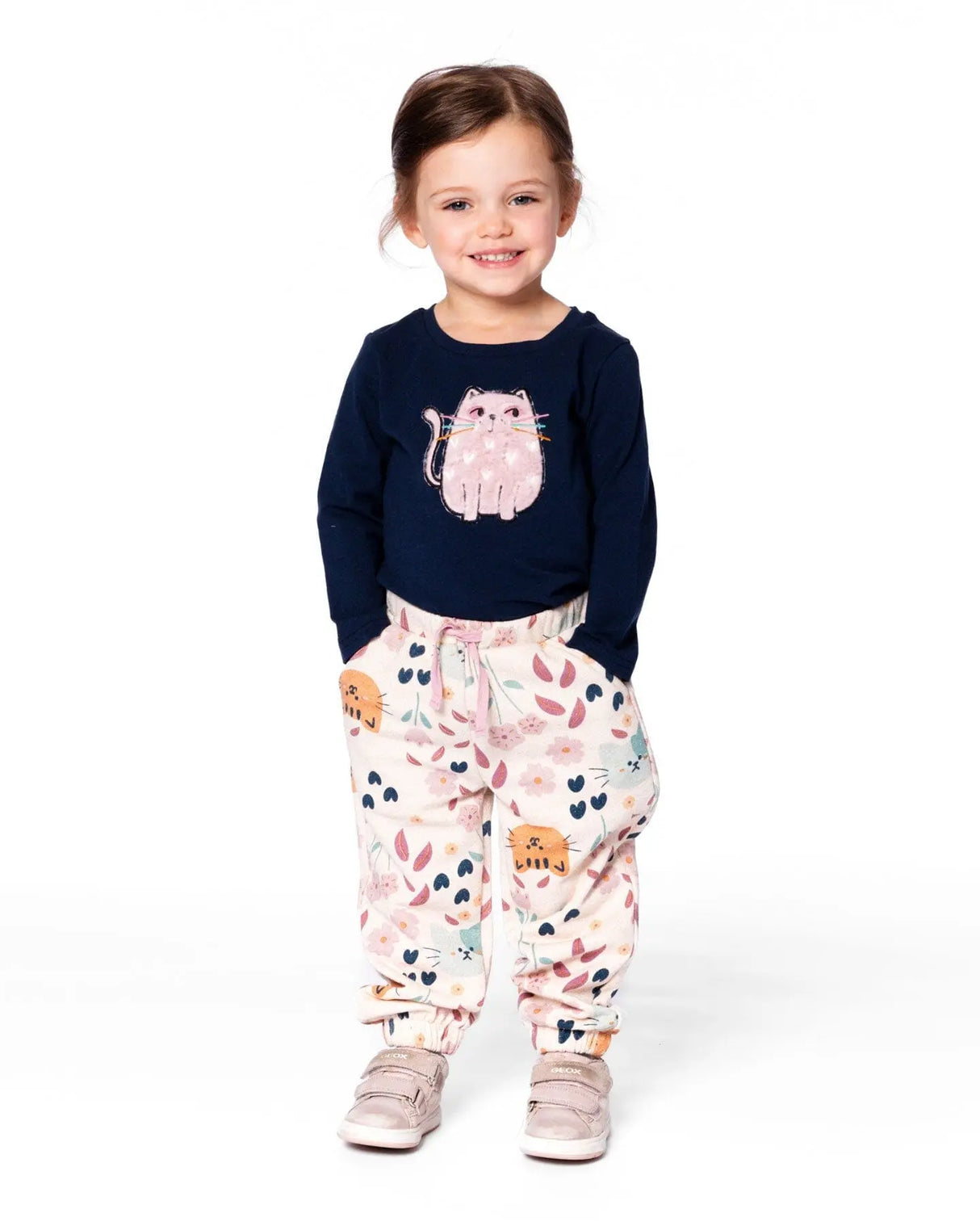 Organic Cotton T-Shirt Dark Blue With Cat | Deux par Deux | Jenni Kidz