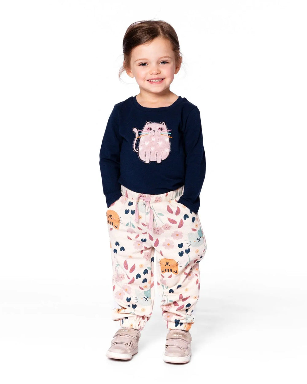 Organic Cotton T-Shirt Dark Blue With Cat | Deux par Deux | Jenni Kidz