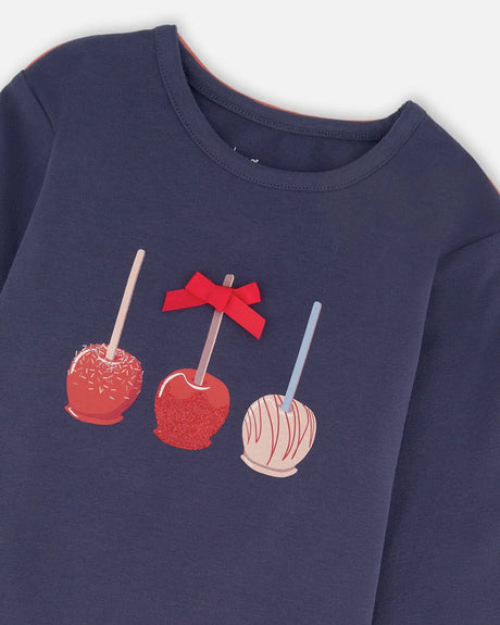 Organic Cotton T-Shirt Navy Blue With Apple Treats | Deux par Deux | Jenni Kidz