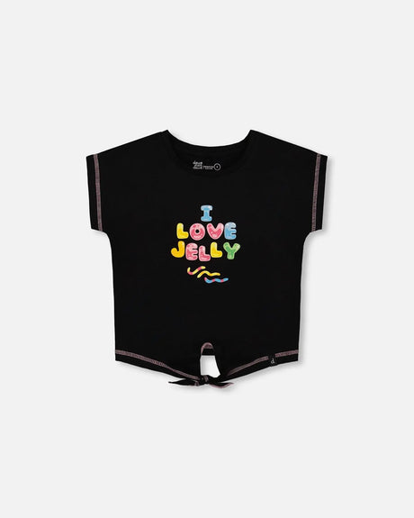 Organic Cotton Tee With Print And Knot Black And Multicolored | Deux par Deux | Jenni Kidz