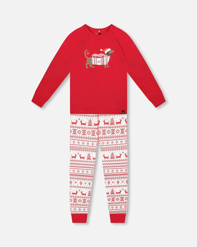Organic Cotton Two-Piece Pajama Set Red And White Fairisle | Deux par Deux | Jenni Kidz