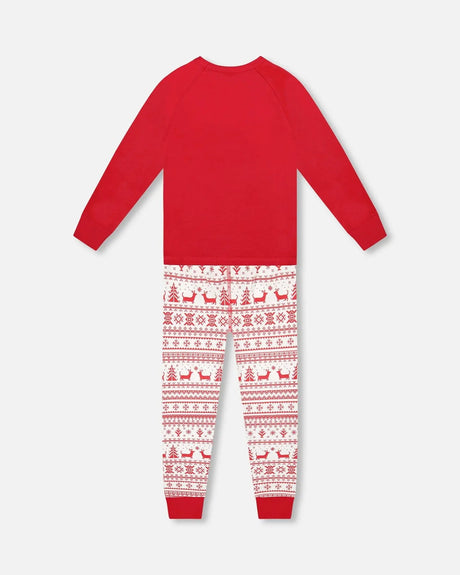 Organic Cotton Two-Piece Pajama Set Red And White Fairisle | Deux par Deux | Jenni Kidz