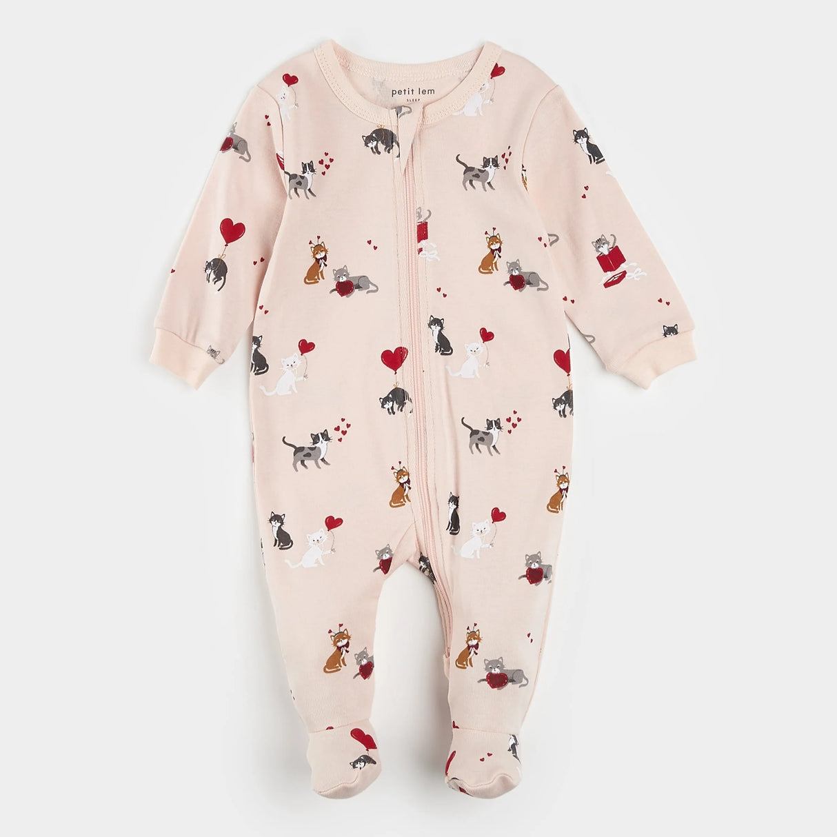 Petit Lem baby cat print footed sleeper silver peony organic cotton front