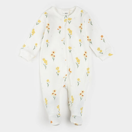 Petit Lem baby daffodil print footed sleeper organic cotton off-white front