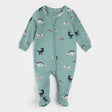 Petit Lem baby dinosaur print footed sleeper tidal wave green organic cotton