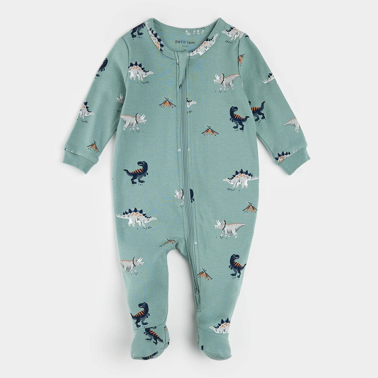 Petit Lem baby dinosaur print footed sleeper tidal wave green organic cotton