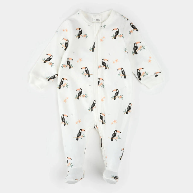 Petit Lem baby toucan print footed sleeper off-white organic cotton