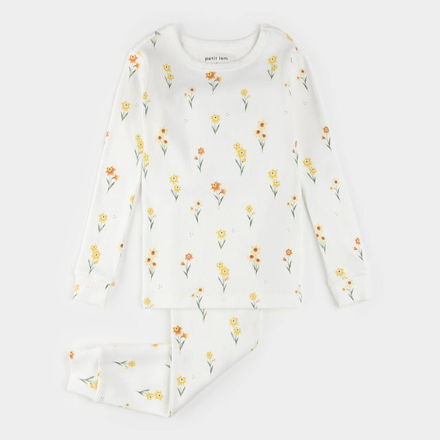 Petit Lem kids daffodil print pajama set off-white organic cotton