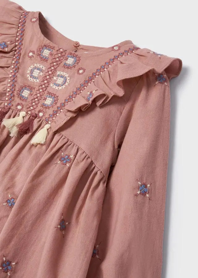 Pink Long Sleeve Embroidered Girls Dress With Fringers | Mayoral | Mayoral | Jenni Kidz