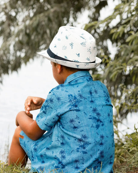 Printed Chambray Short Sleeve Shirt Pale Blue And Navy | Deux par Deux | Jenni Kidz