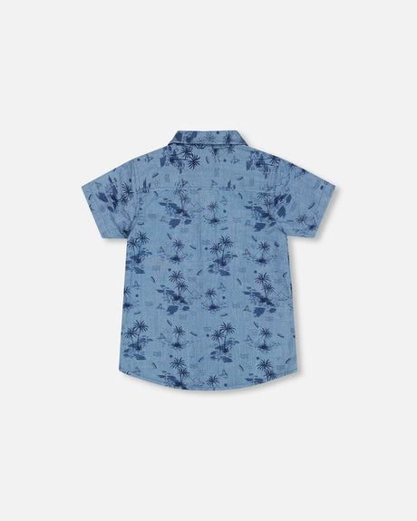 Printed Chambray Short Sleeve Shirt Pale Blue And Navy | Deux par Deux | Jenni Kidz