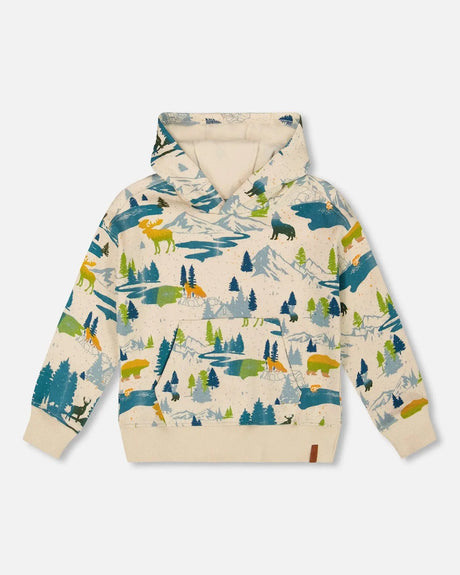 Printed Hooded Fleece Sweatshirt Beige | Deux par Deux | Jenni Kidz