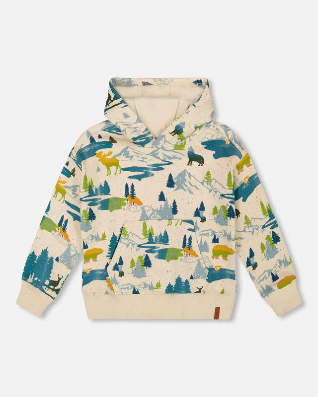Printed Hooded Fleece Sweatshirt Beige | Deux par Deux | Jenni Kidz
