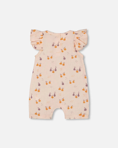 Printed Muslin One Piece Romper Peach With Pears | Deux par Deux | Jenni Kidz