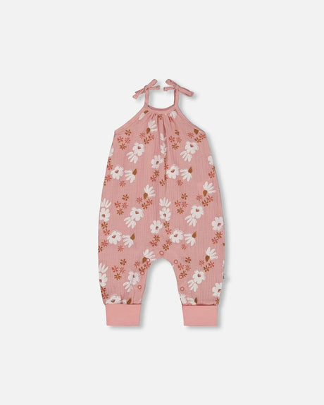 Printed Muslin Tie Strap Jumpsuit Pink And White Flowers | Deux par Deux | Jenni Kidz