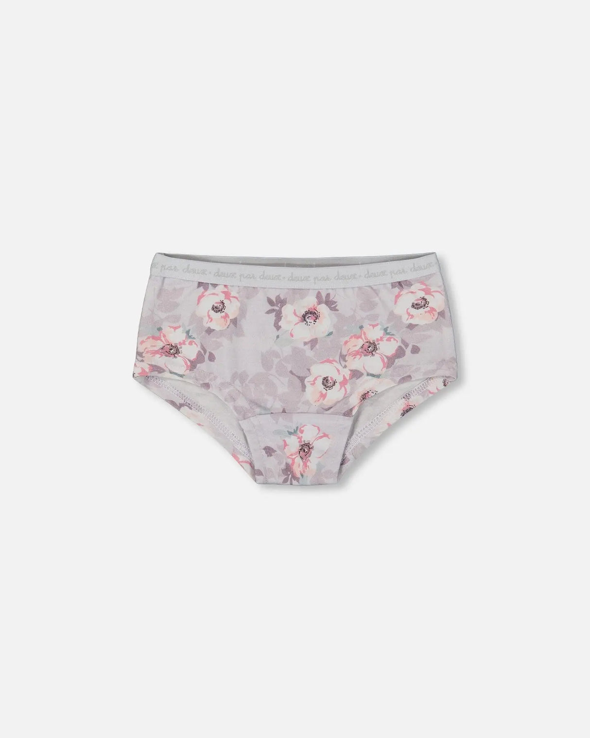 Printed Organic Cotton Boyshort Panty Pale Pink Flowers On Neutral Lilac | Deux par Deux | Jenni Kidz